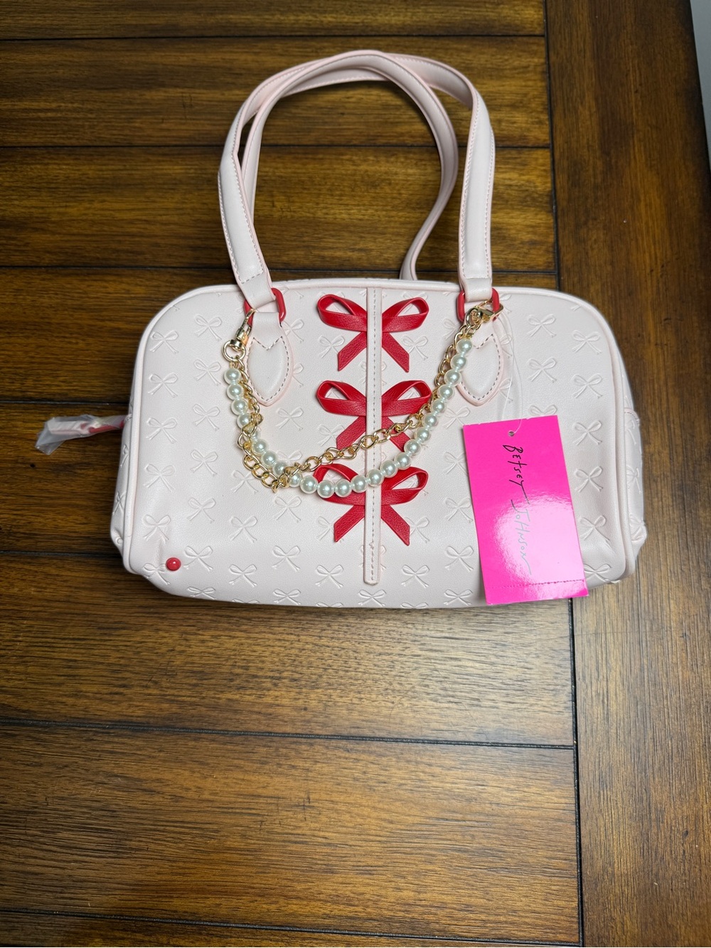 Betsey Johnson Pink Bow Shoulder Bag Pearl Chain Charm Zip Lined Inner Pockets